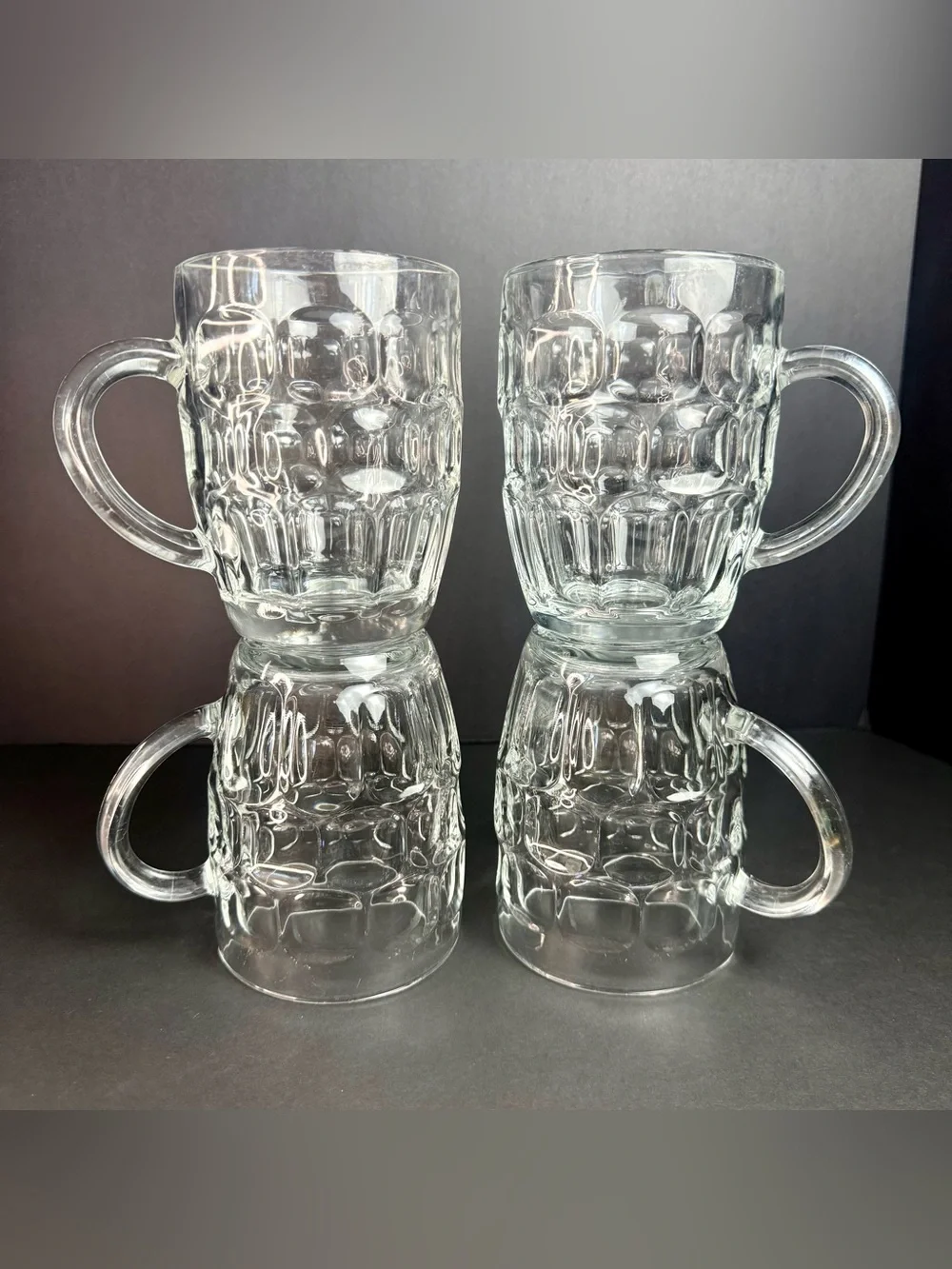 Vintage SET of 4 VINTAGE LUMINARC FRANCE CLEAR GLASS THUMBPRINT BEER MUGS 5